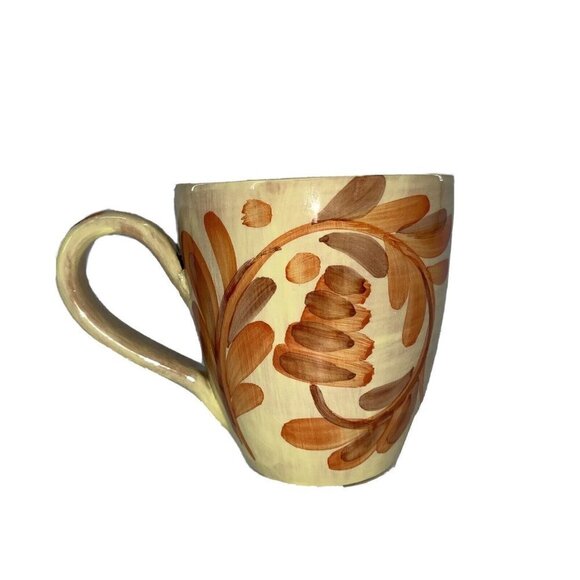 Vietri Italy Mugs Large Hand Painted Yellow Orange Brown Floral Scroll Stripes - Picture 1 of 6